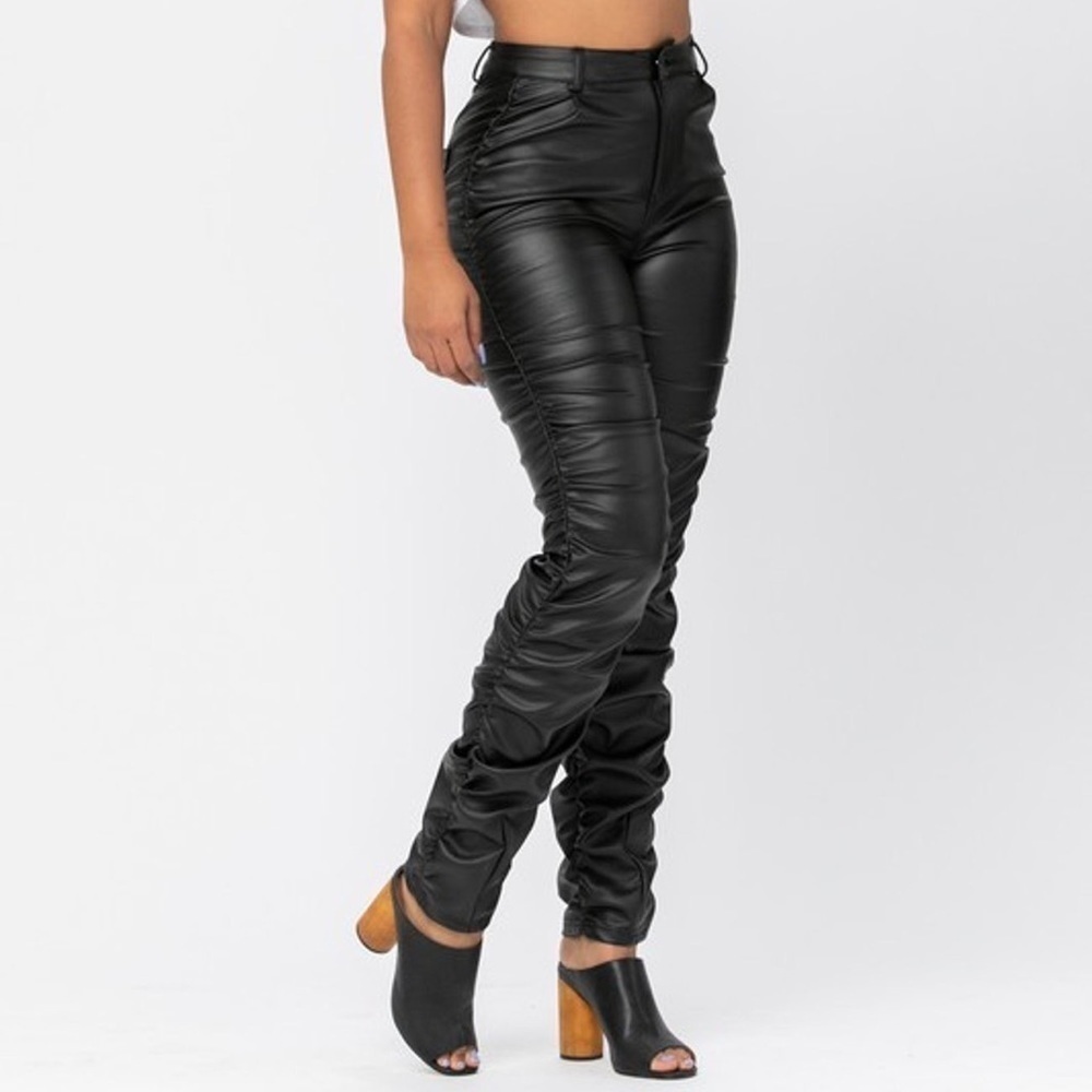 BLACK stacked faux leather pants juniors Size